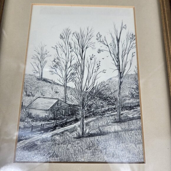 Vintage Lucille Cole Rural Landscape Drawing Framed Art Trees Cabin Signed 14x12 - Picture 2 of 11